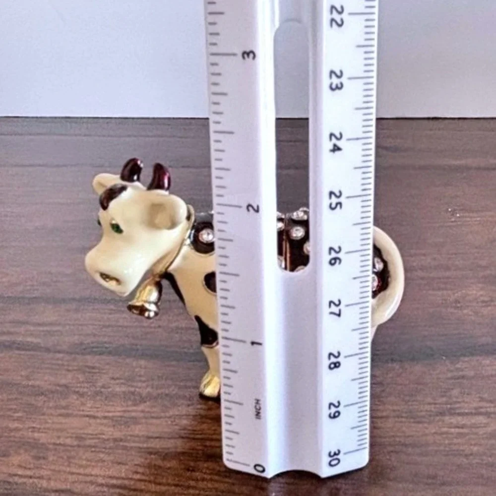 Jeweled Mini Cow Trinket Box Enamel Rhinestone Black White Country Whimsical Vtg